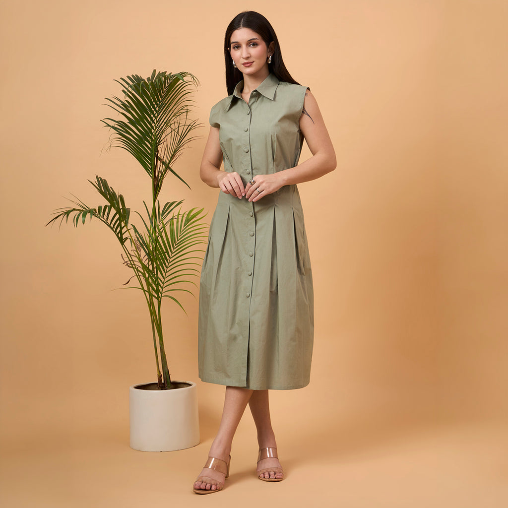Solid green A line dress with bag