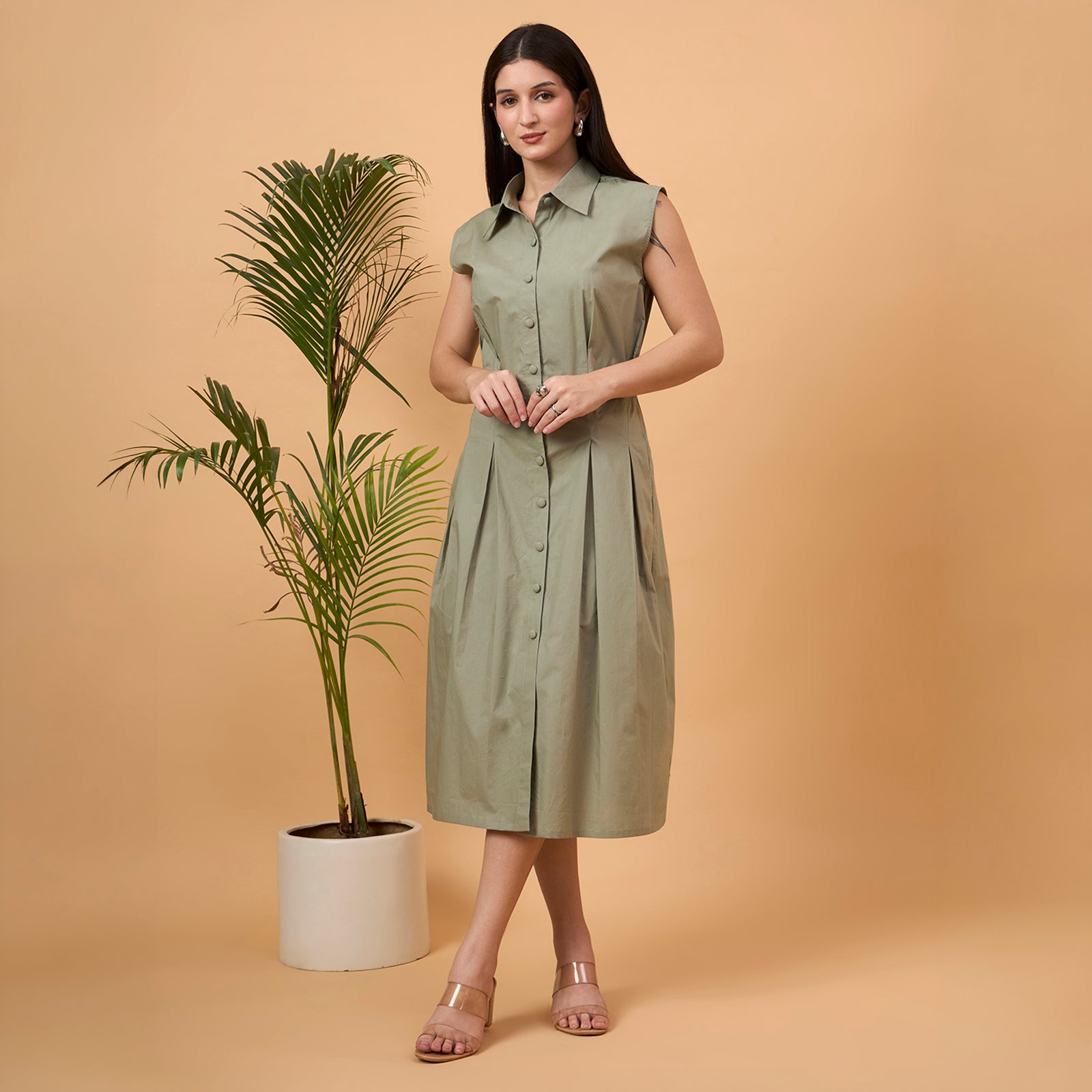 Solid green A line dress with bag