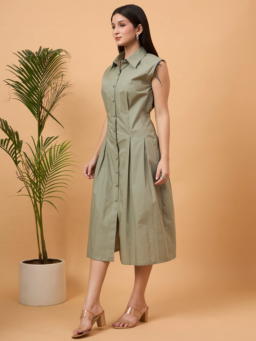 Solid green A line dress