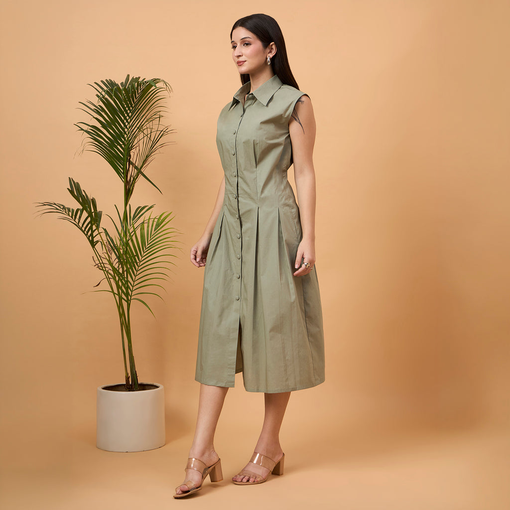 Solid green A line dress with bag