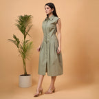 Solid green A line dress with bag