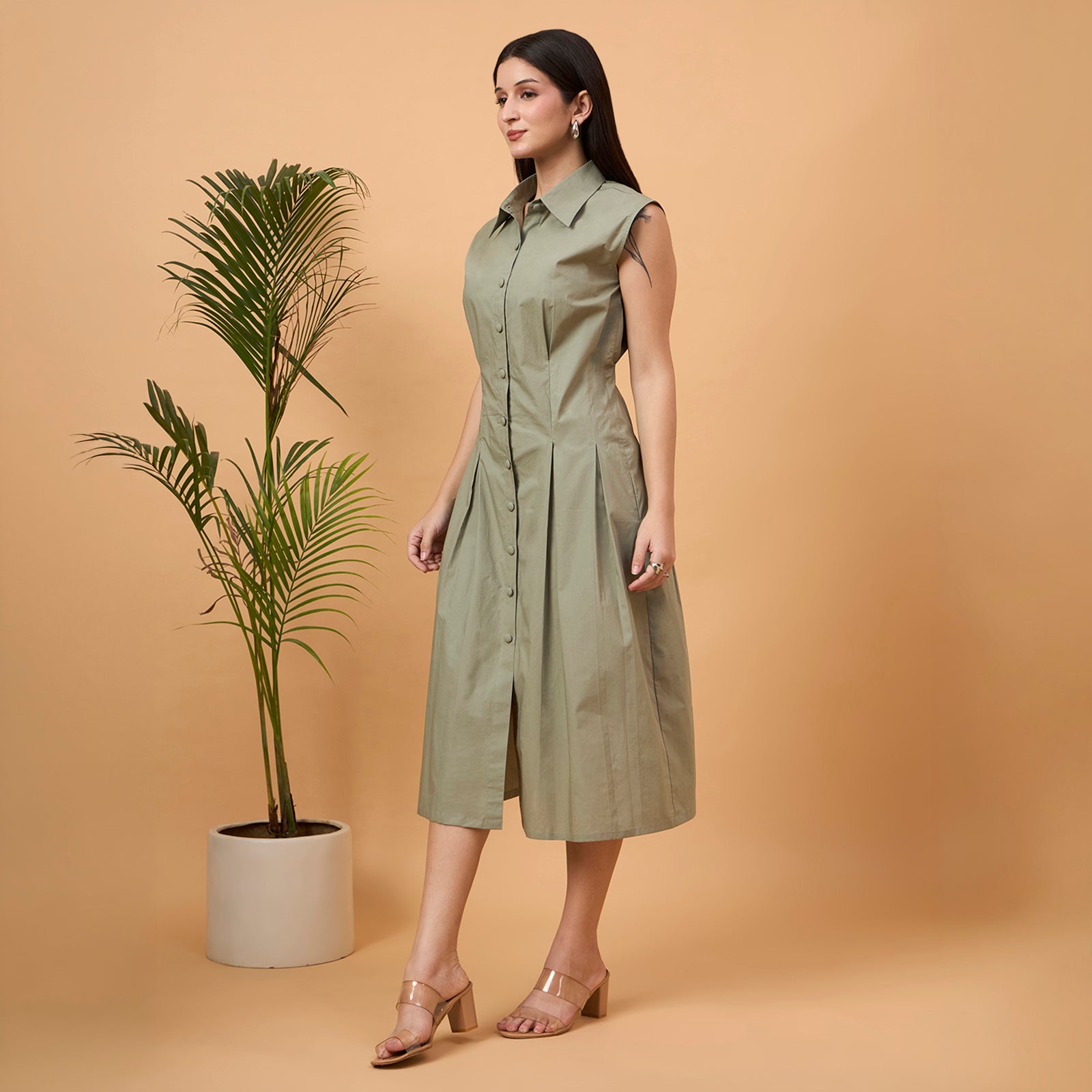 Solid green A line dress with bag