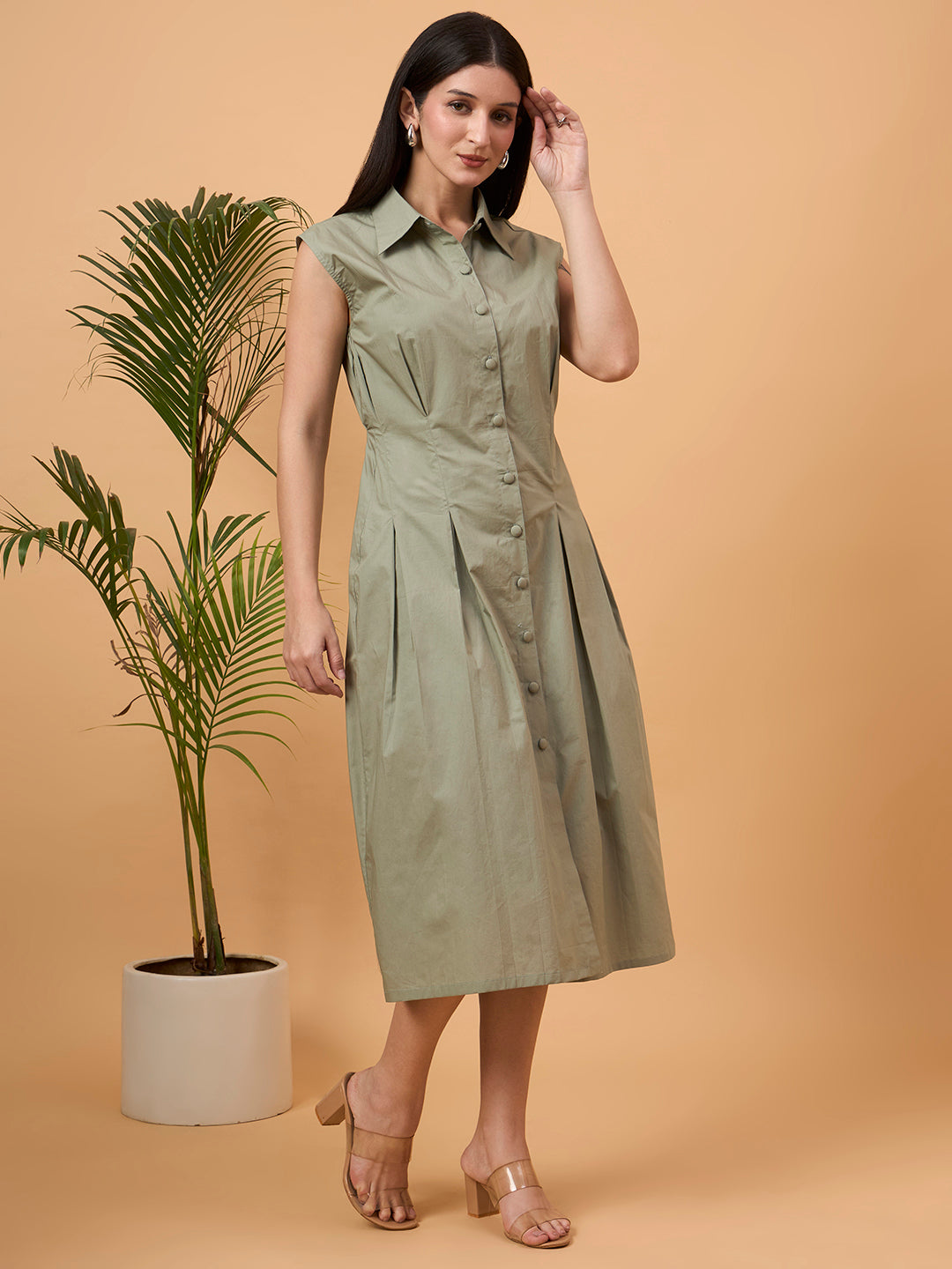 Solid green A line dress