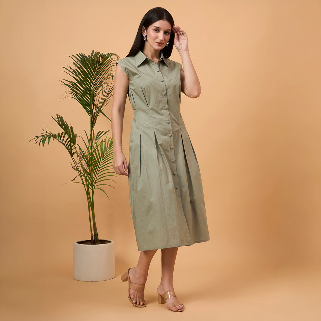 Solid green A line dress with bag