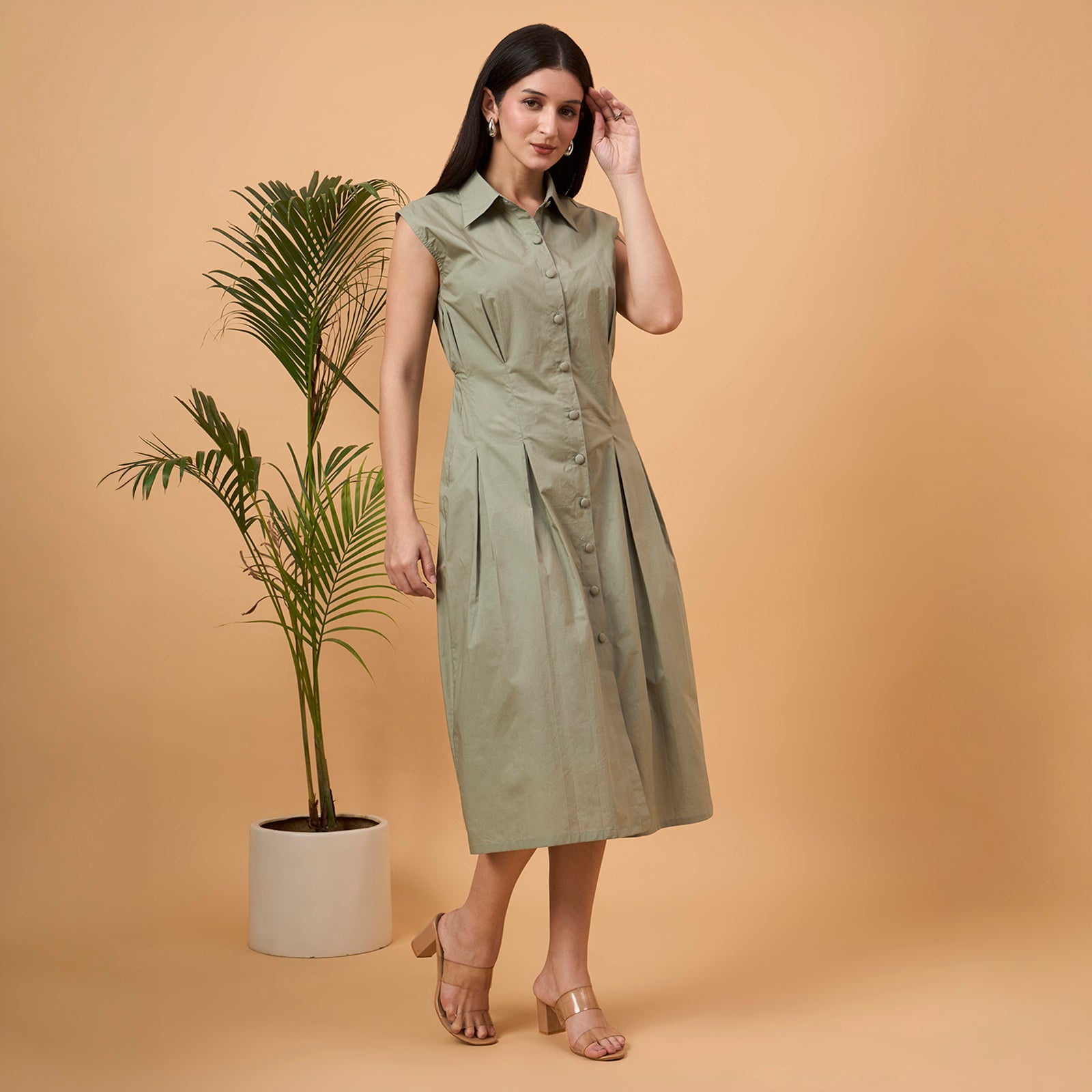 Solid green A line dress with bag