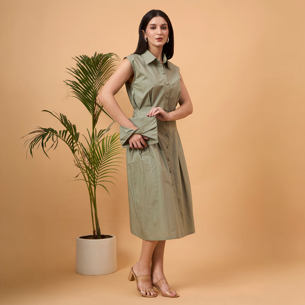 Solid green A line dress with bag