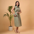 Solid green A line dress with bag