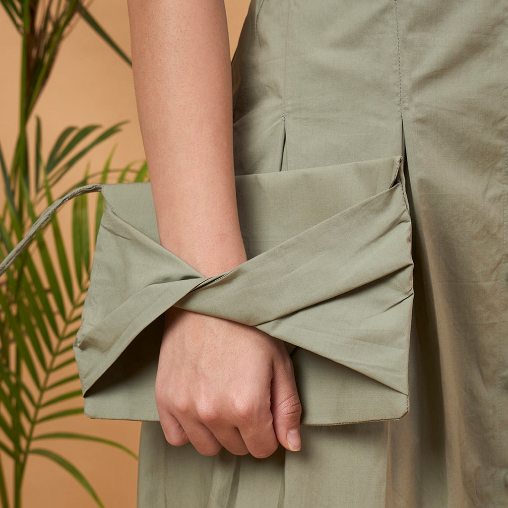 Solid green A line dress with bag