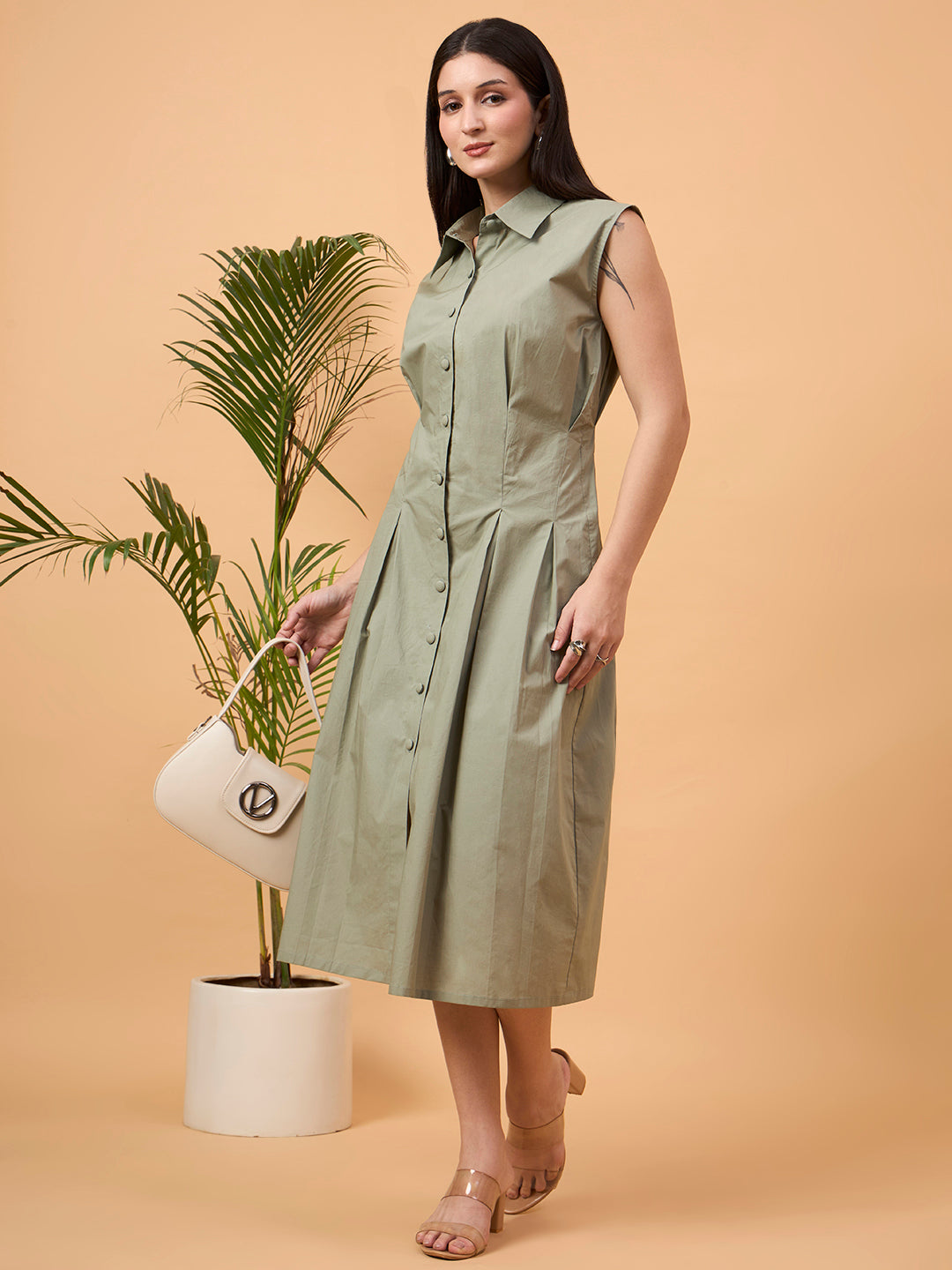 Solid green A line dress