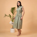 Solid green A line dress with bag