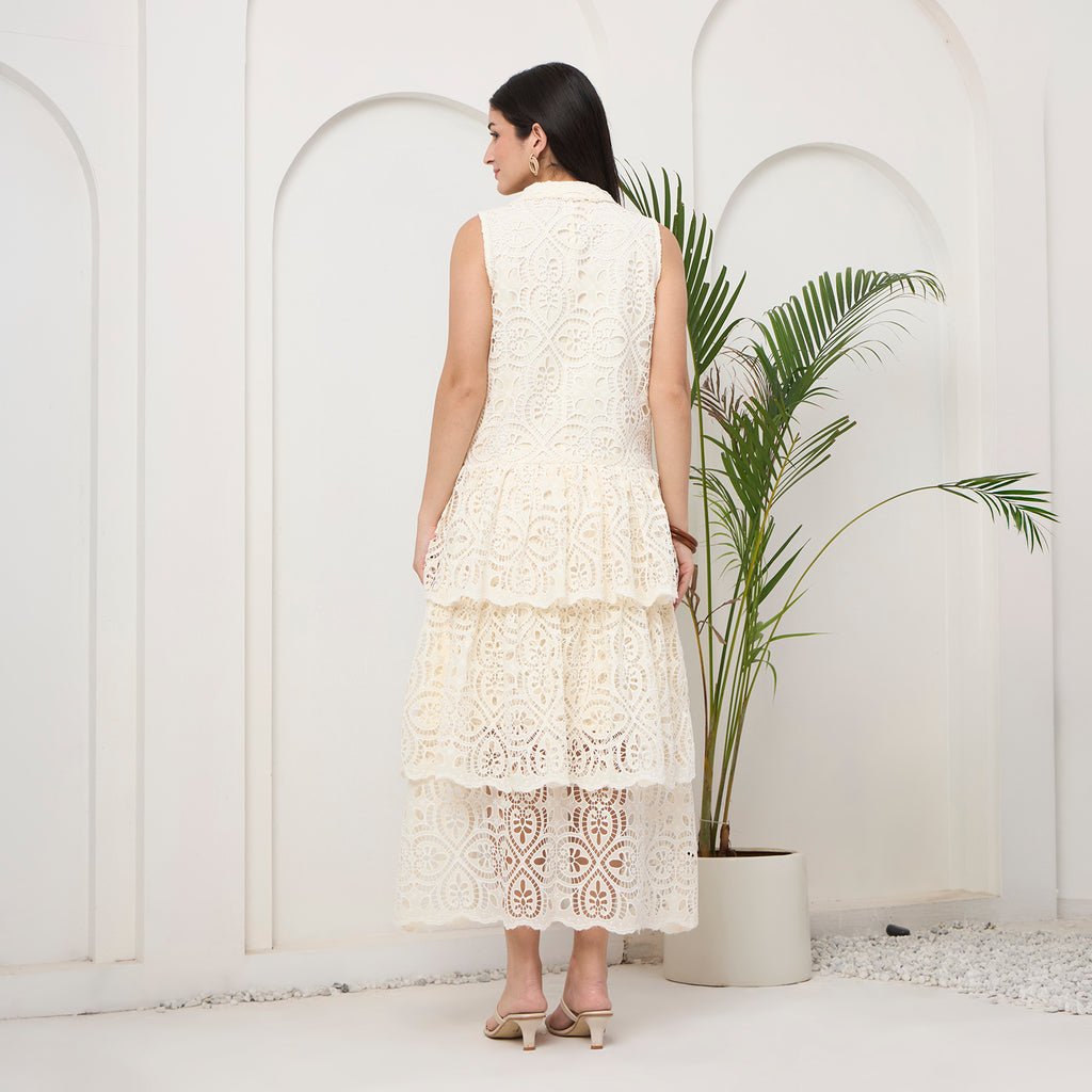 Creamy white tiered maxi dress with bag