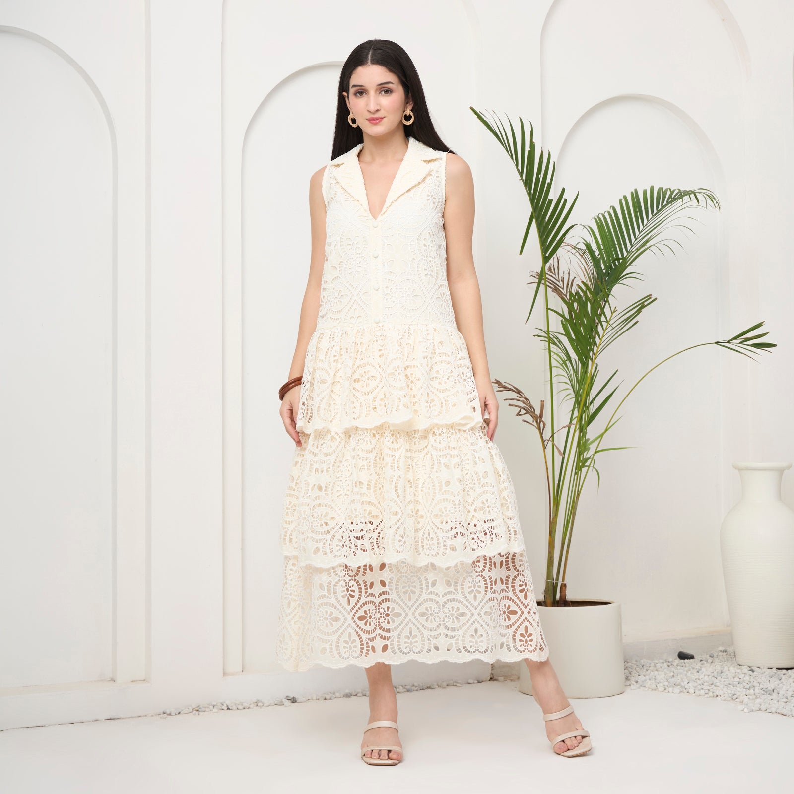 Creamy white tiered maxi dress with bag