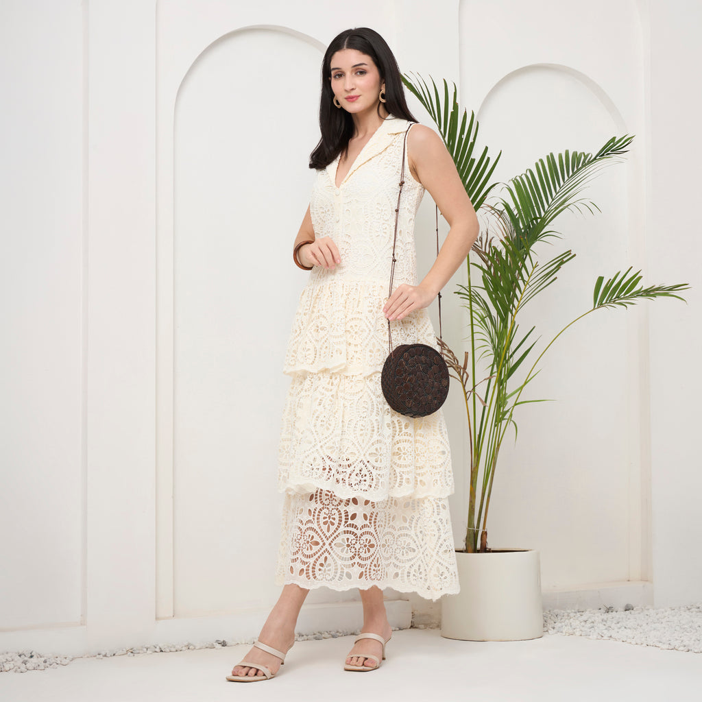 Creamy white tiered maxi dress with bag