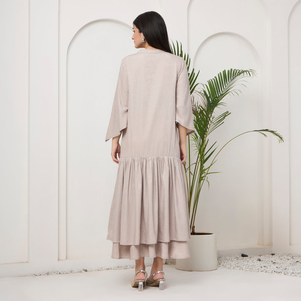 Beige Swarovski drape fusion dress with bag