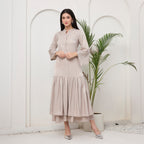 Beige Swarovski drape fusion dress with bag