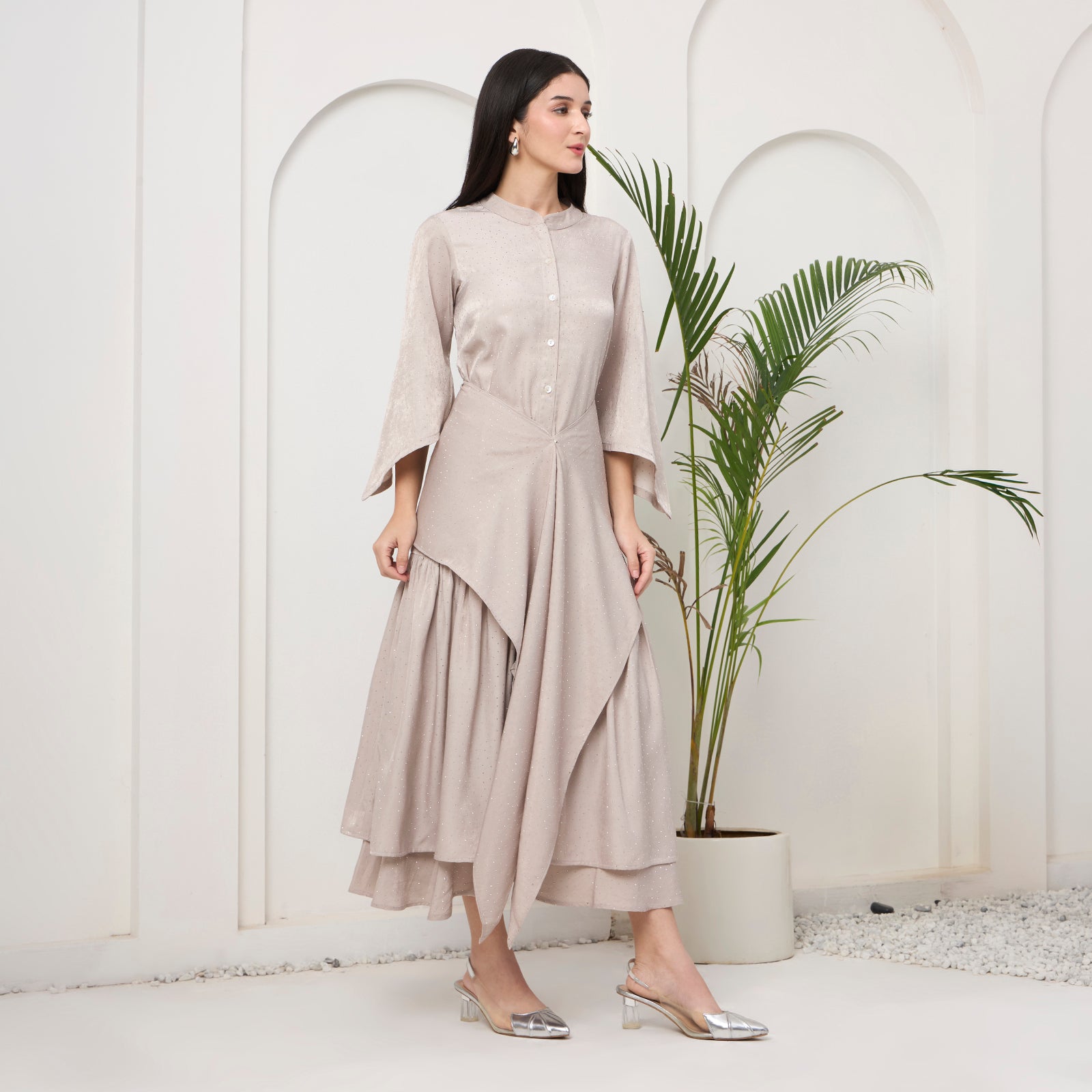 Beige Swarovski drape fusion dress with bag