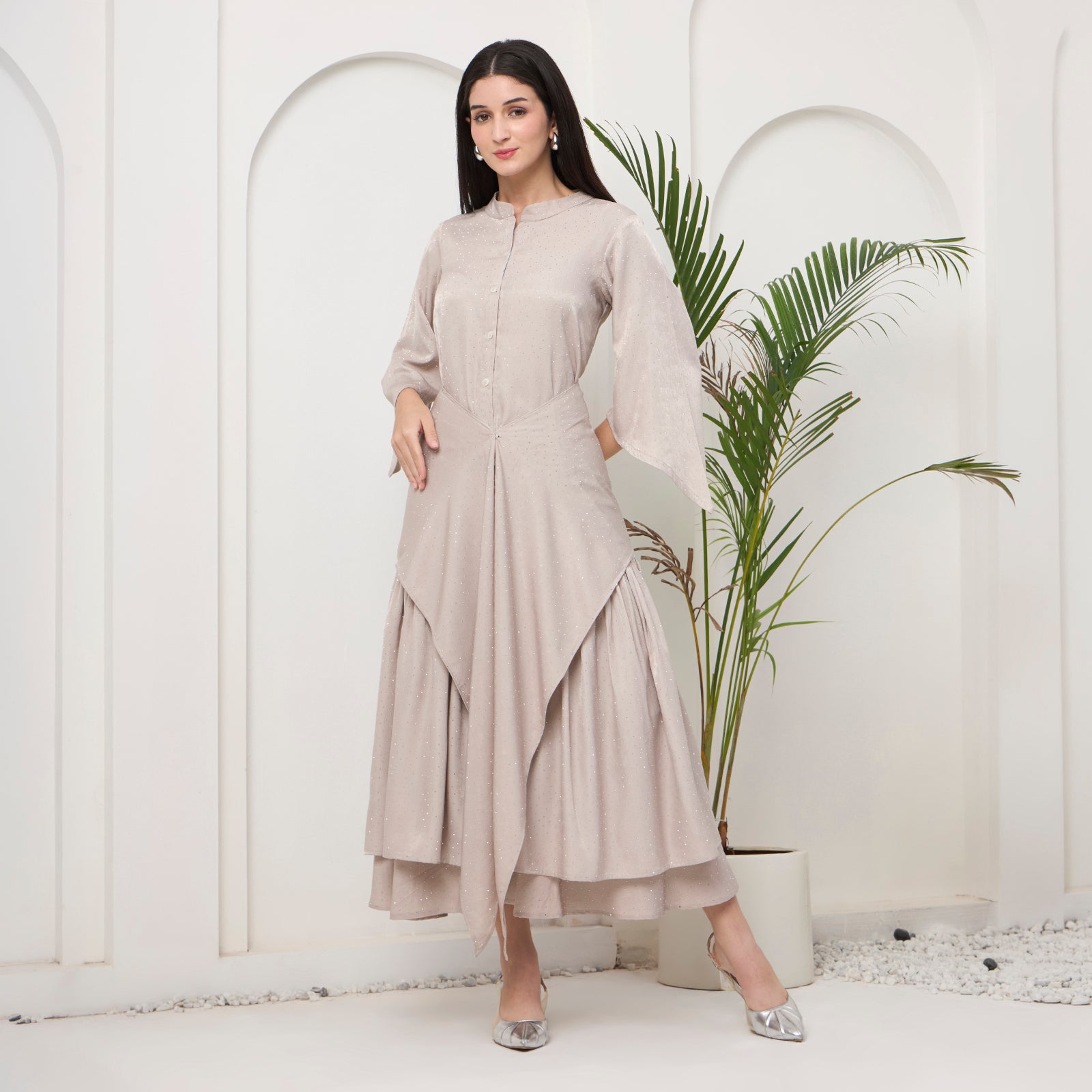 Beige Swarovski drape fusion dress with bag