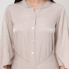 Beige Swarovski drape fusion dress with bag