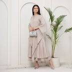Beige Swarovski drape fusion dress with bag