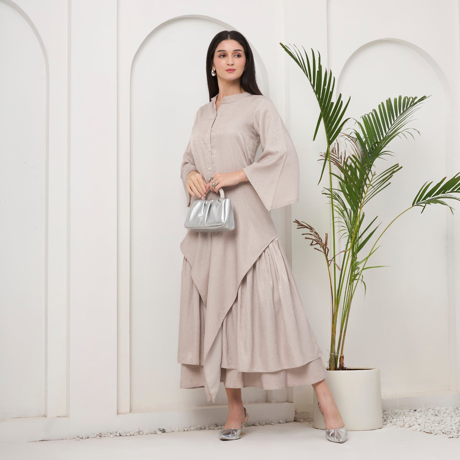 Beige Swarovski drape fusion dress with bag