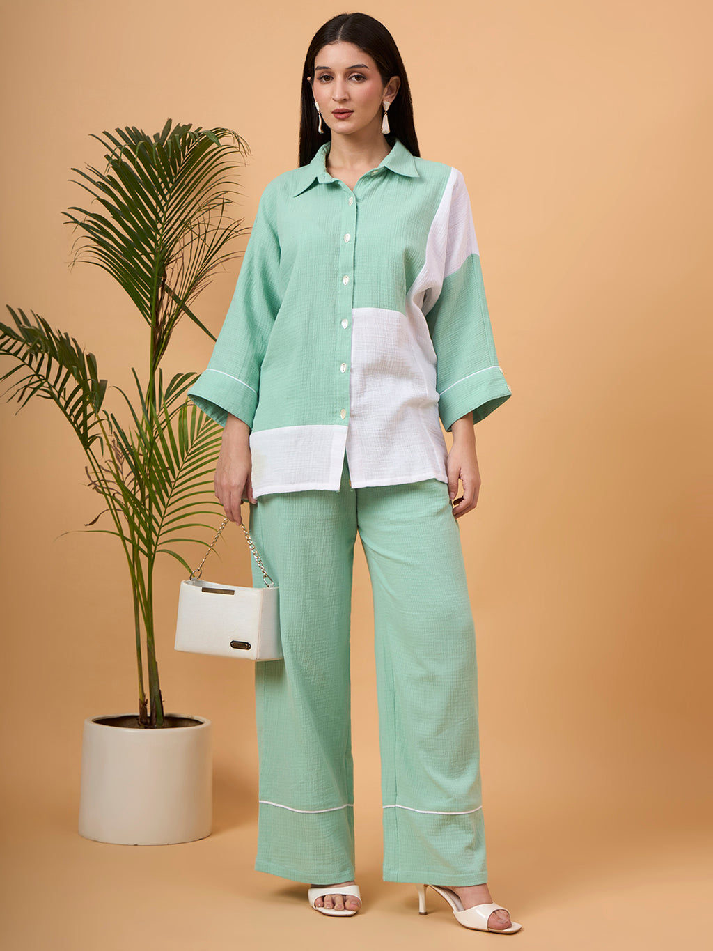 Mint Green and White color-block button-down coord set