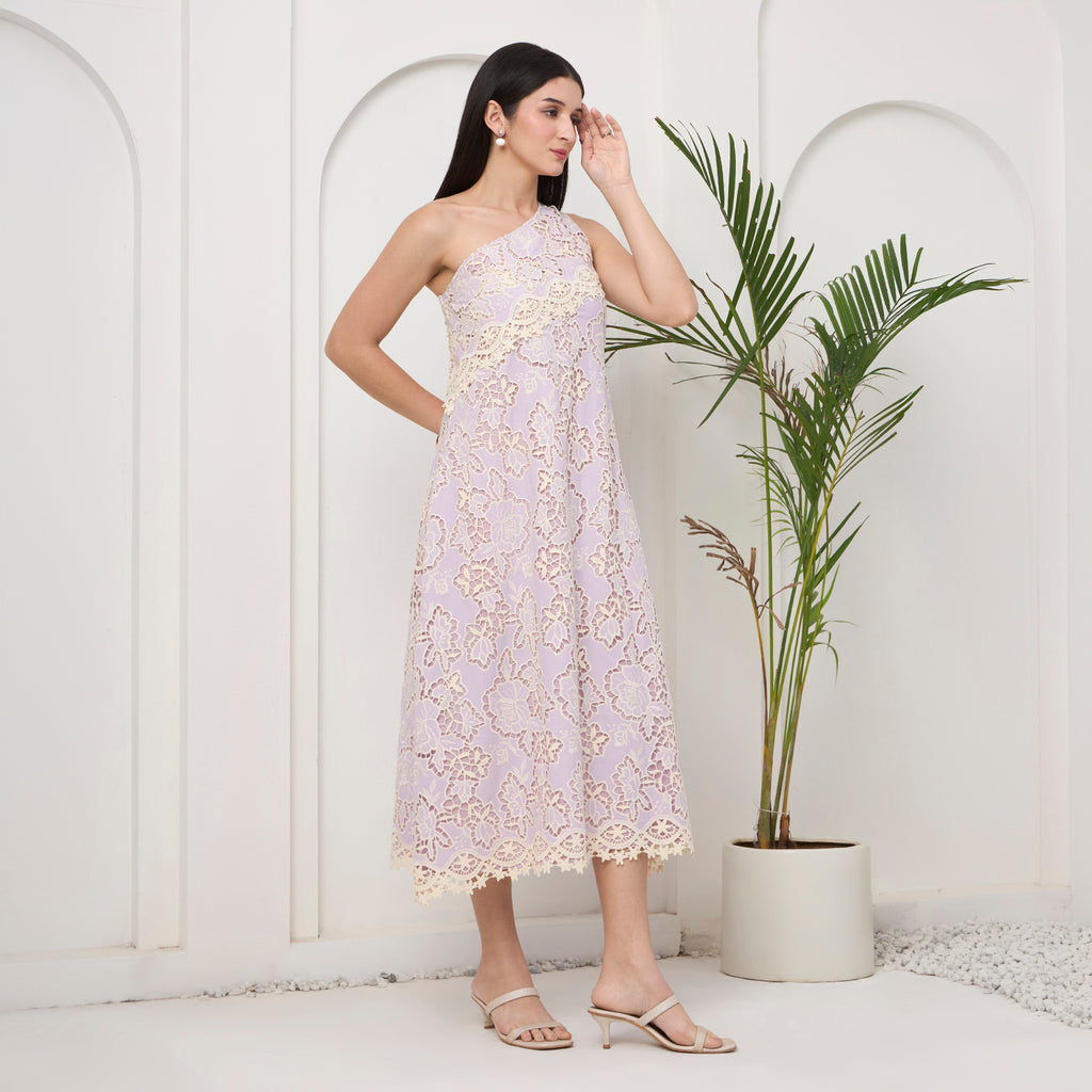 Lavender lace one shoulder dress with bag