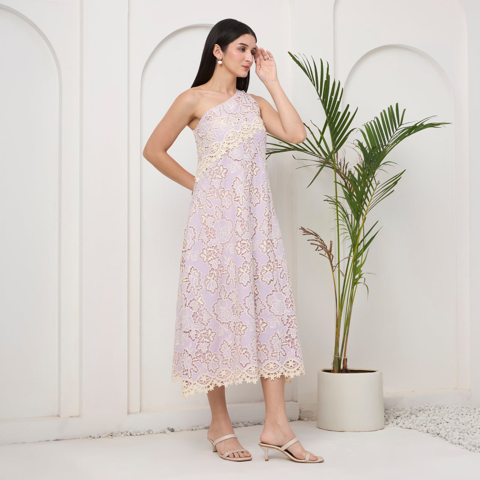 Lavender lace one shoulder dress with bag