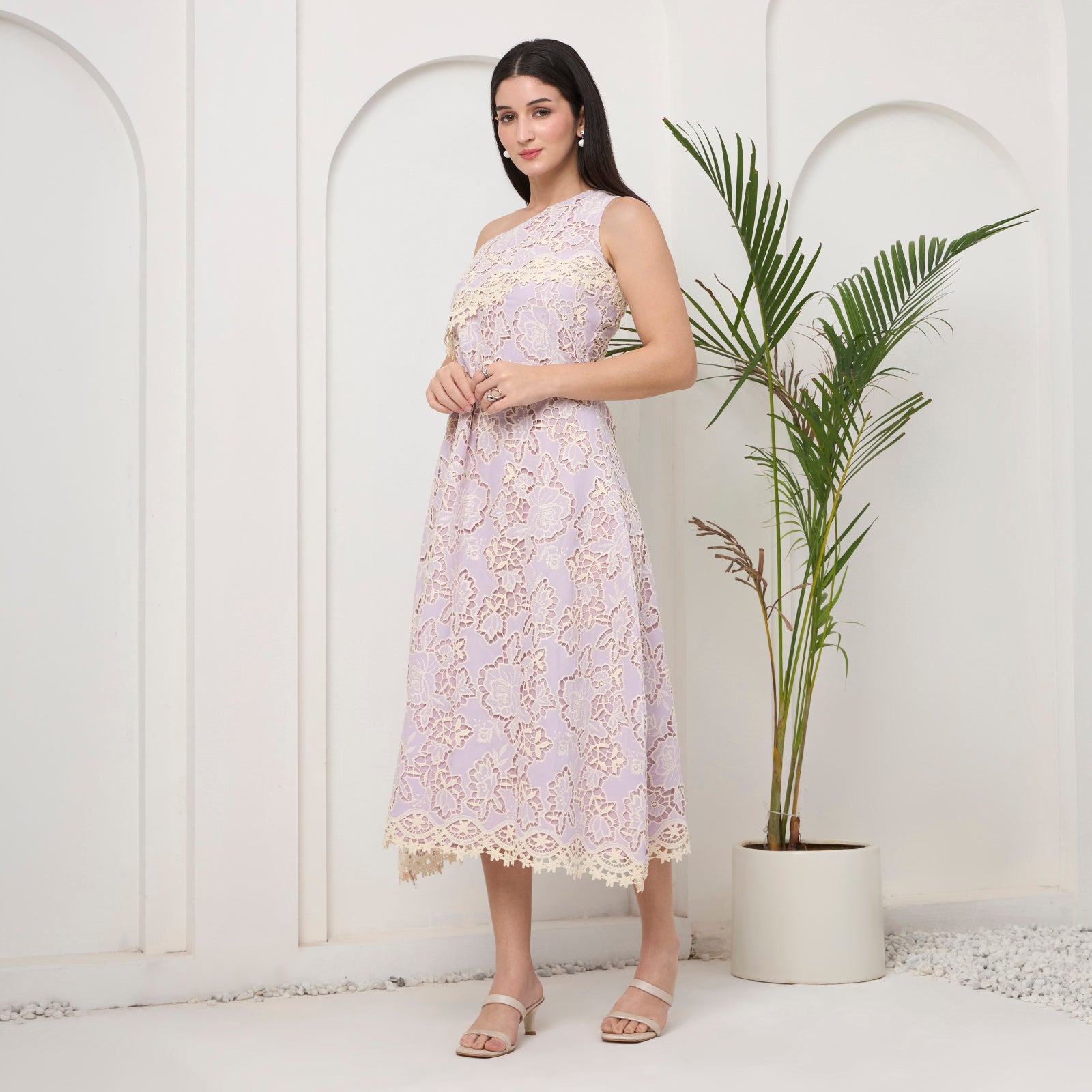 Lavender lace one shoulder dress with bag