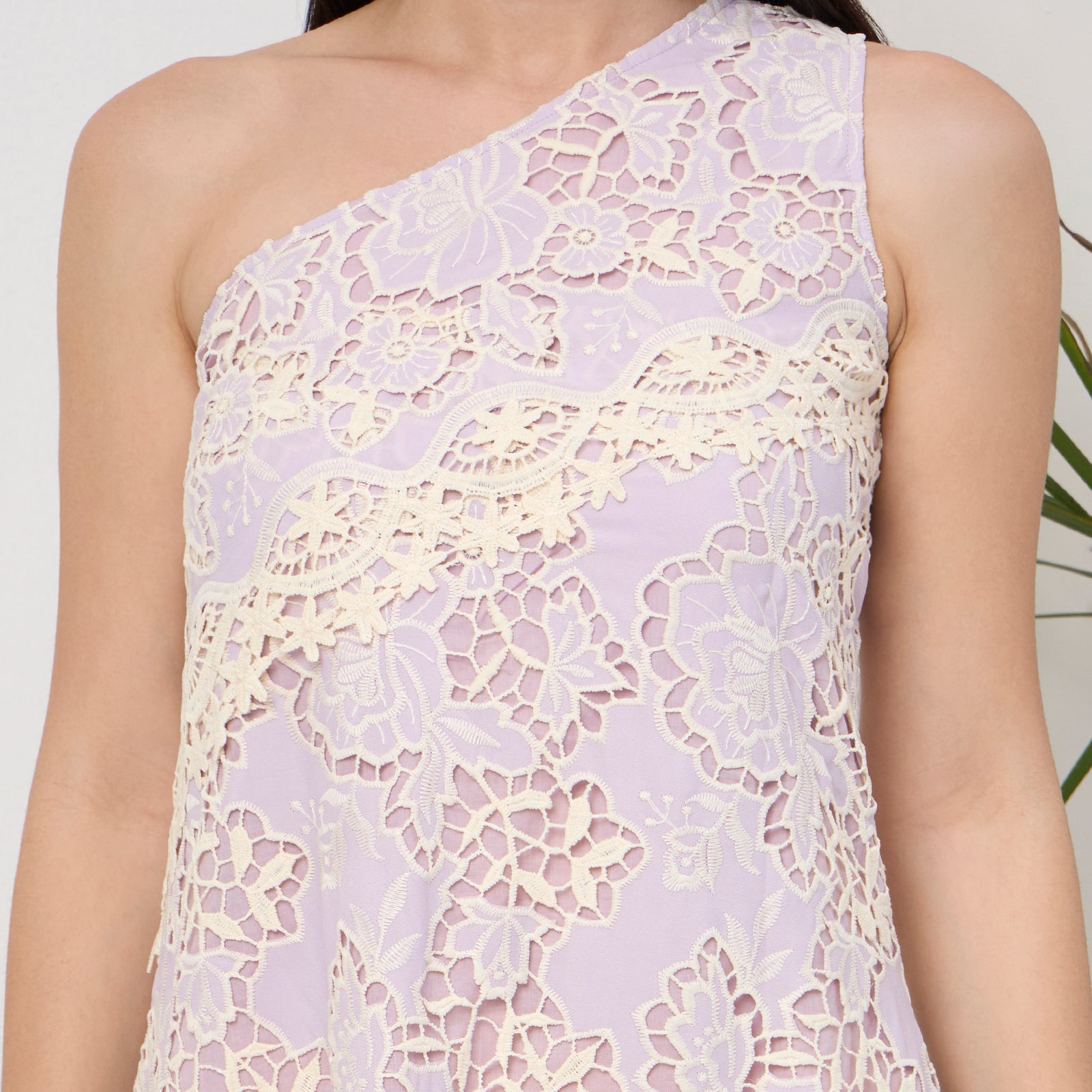 Lavender lace one shoulder dress with bag