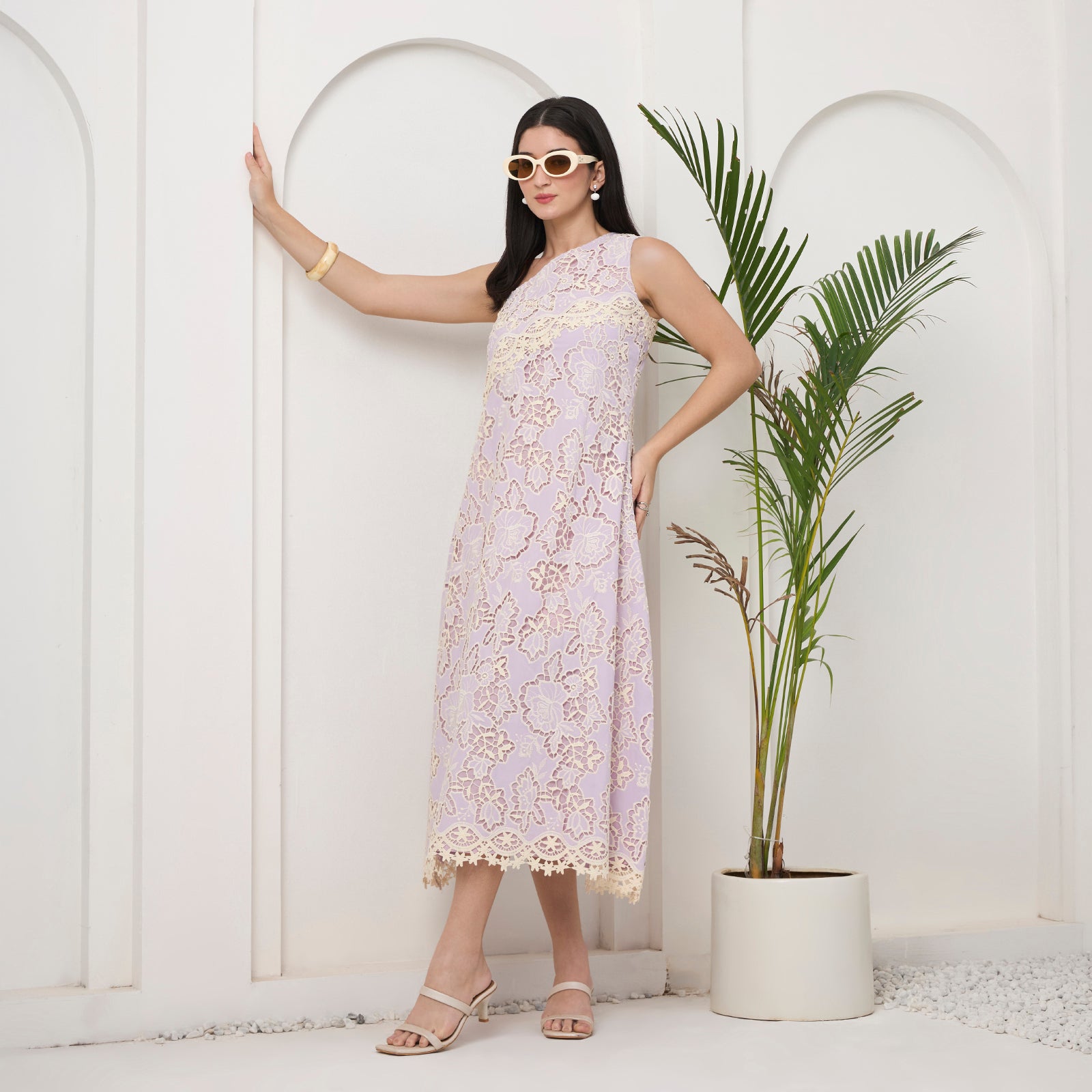 Lavender lace one shoulder dress with bag