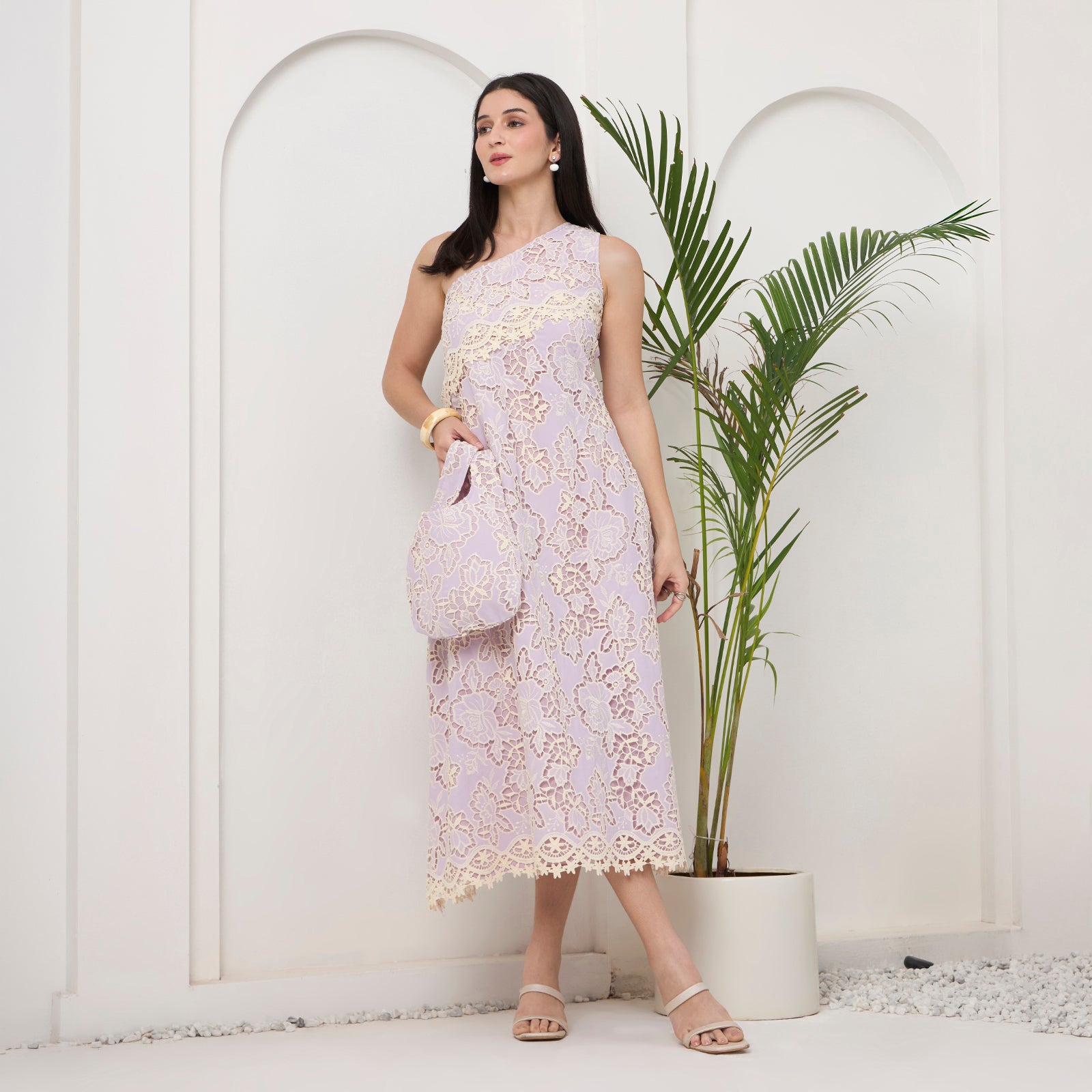 Lavender lace one shoulder dress with bag
