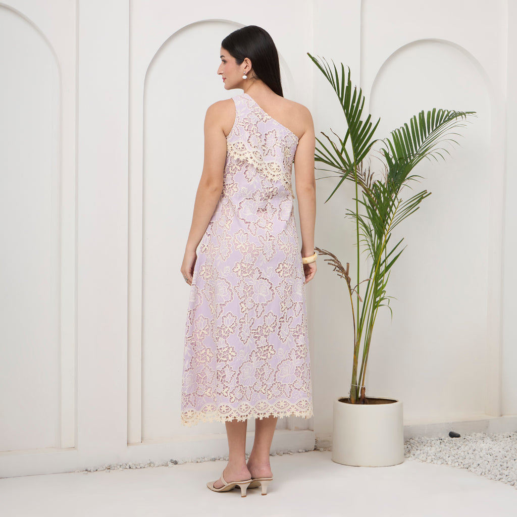 Lavender lace one shoulder dress with bag