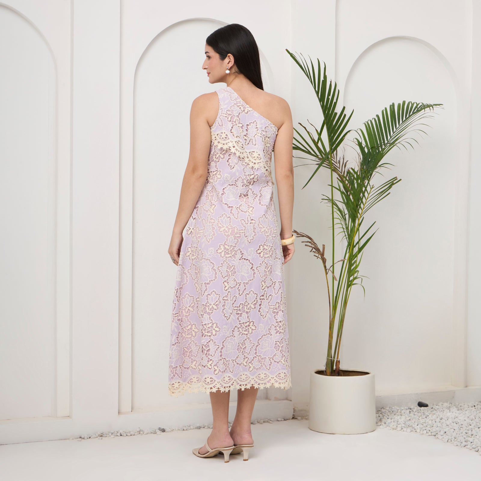 Lavender lace one shoulder dress with bag