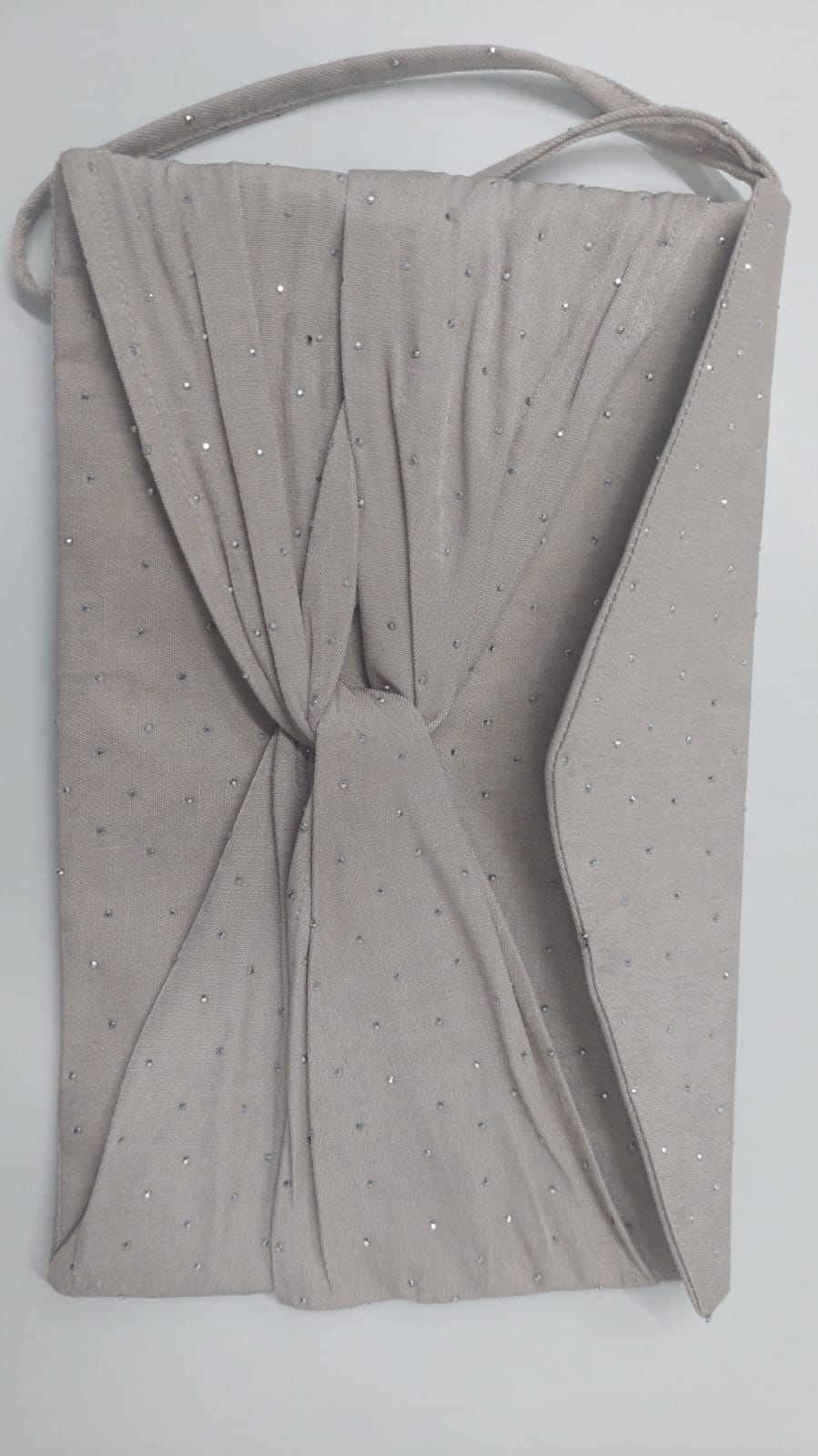 Beige Swarovski drape fusion dress with bag