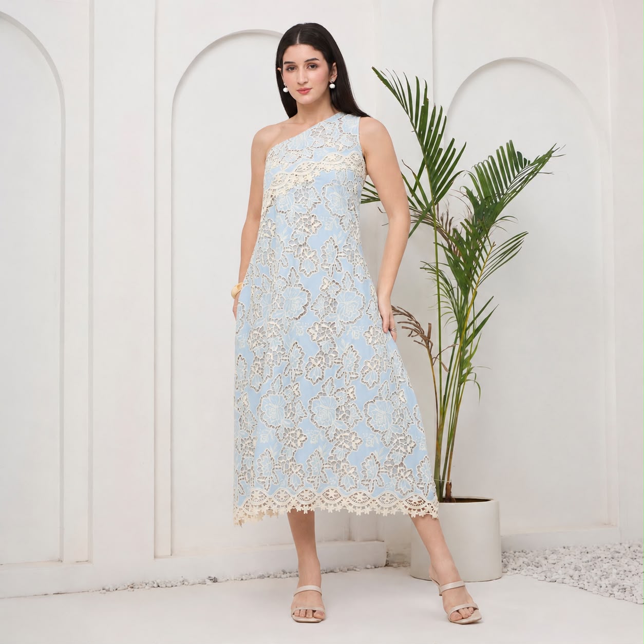 Lavender lace one shoulder dress with bag