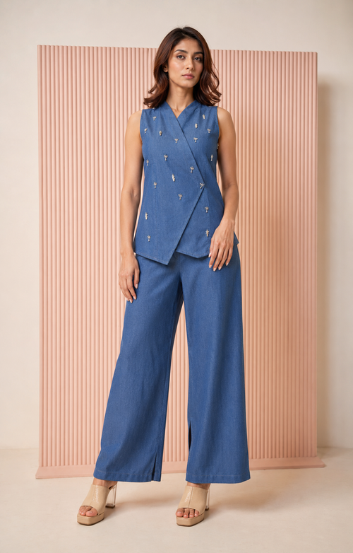 Blue denim vest and trouser set