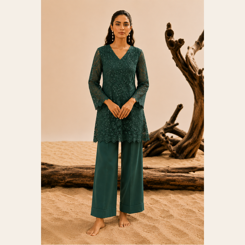 Emerald green sequins schiffli coord set