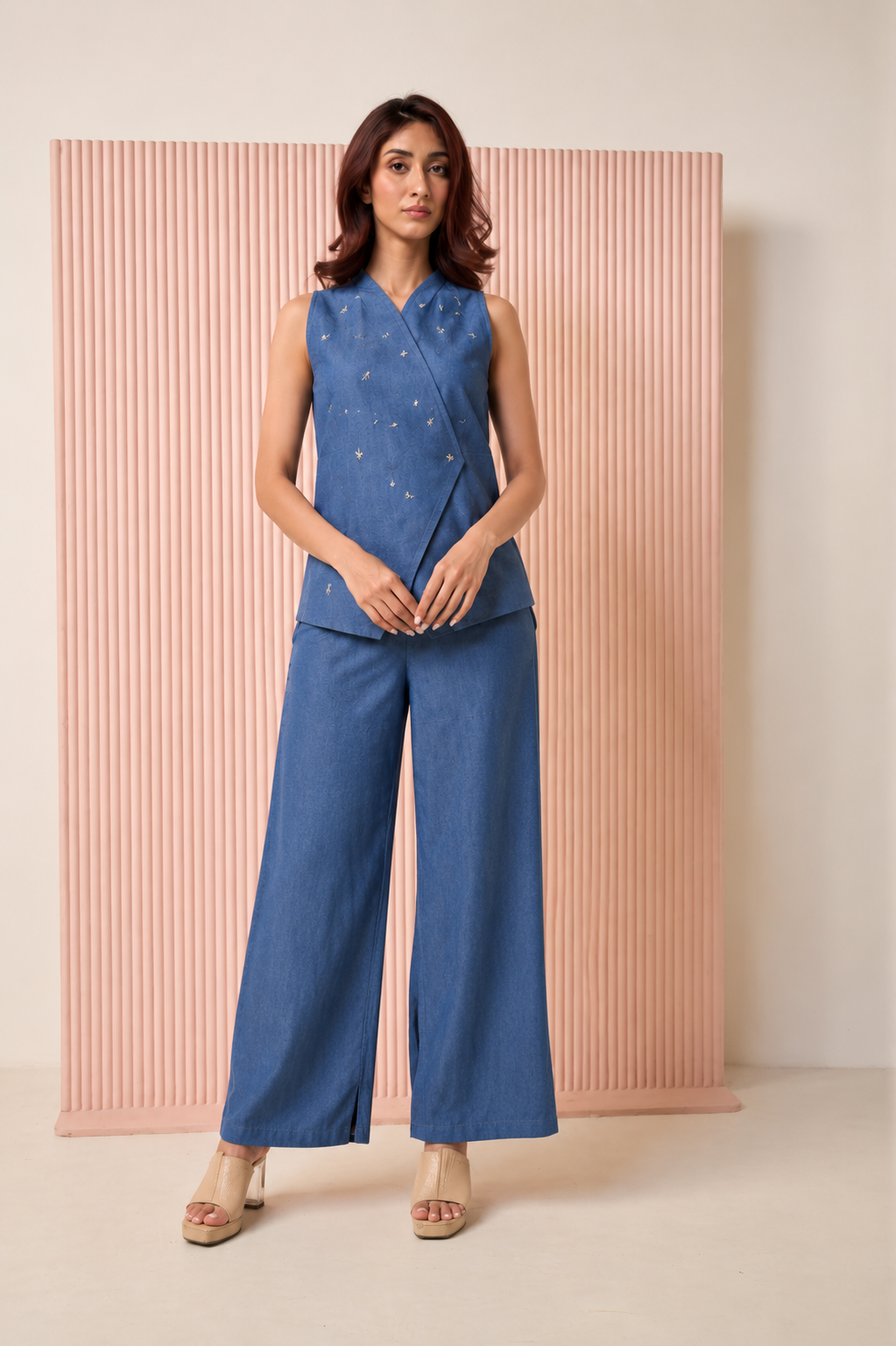 Blue denim vest and trouser set